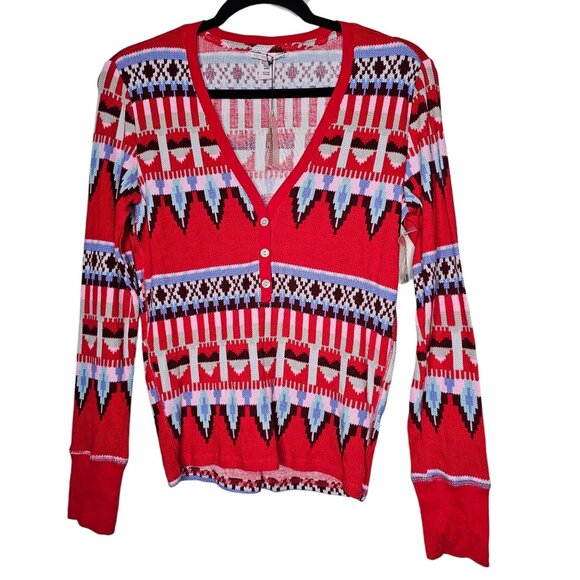 Victoria's Secret S Long Sleeve Thermal Henley V Neck Top Heart Print Fair Isle - Picture 1 of 6